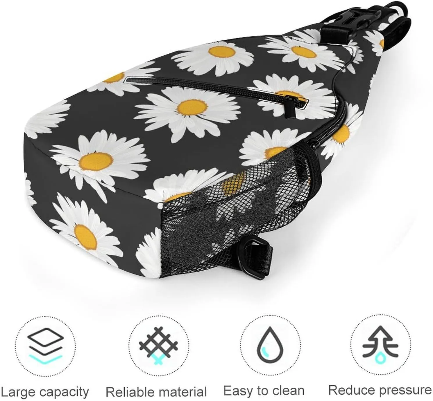 Daisy-flowers-black-pattern Crossbody Backpack For Men Women, Chest Bag Shoulder Bag, Travel Daypack Sling Backpack