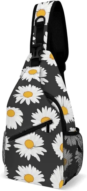 Daisy-flowers-black-pattern Crossbody Backpack For Men Women, Chest Bag Shoulder Bag, Travel Daypack Sling Backpack