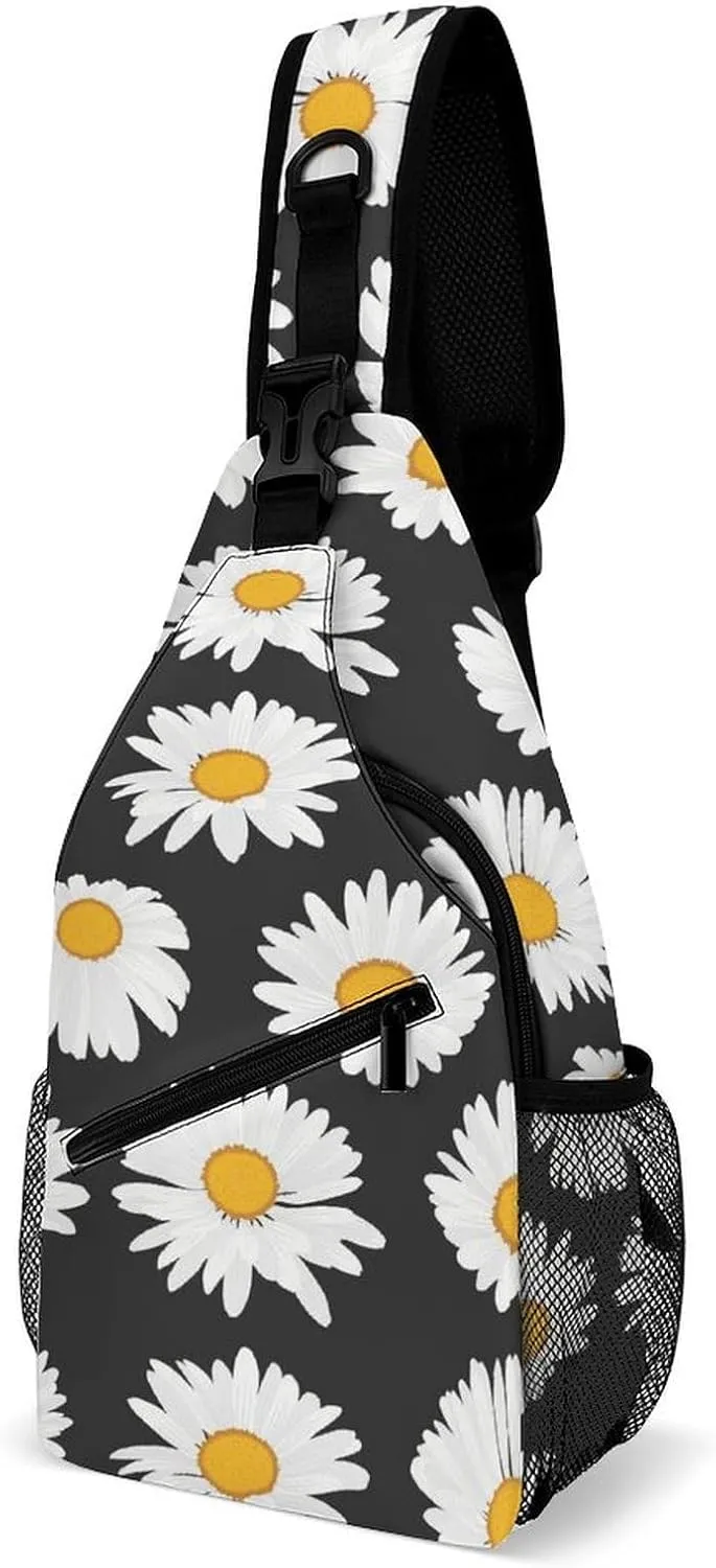Daisy-flowers-black-pattern Crossbody Backpack For Men Women, Chest Bag Shoulder Bag, Travel Daypack Sling Backpack