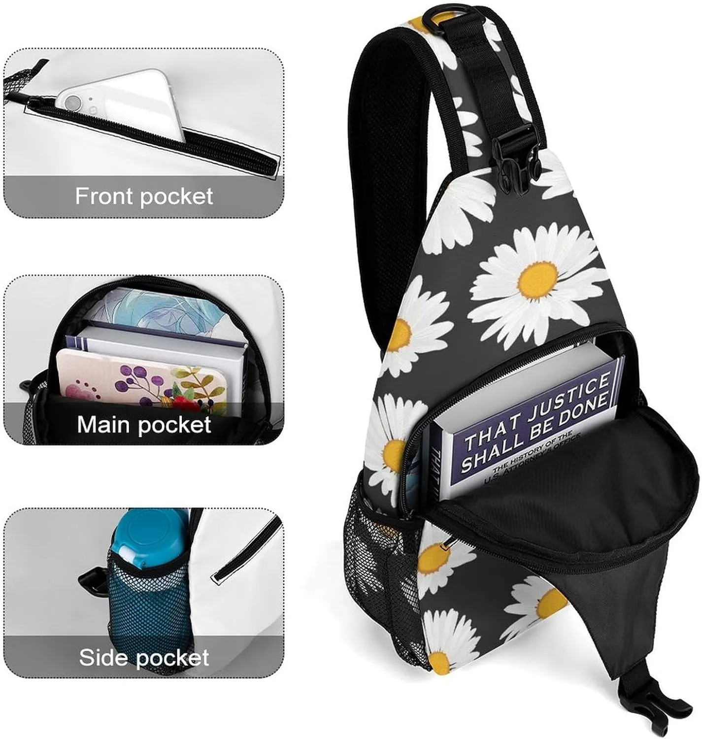 Daisy-flowers-black-pattern Crossbody Backpack For Men Women, Chest Bag Shoulder Bag, Travel Daypack Sling Backpack