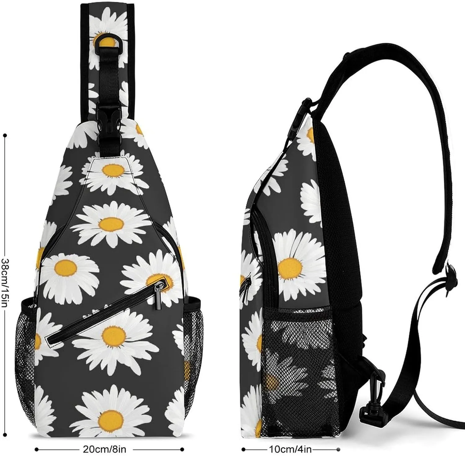 Daisy-flowers-black-pattern Crossbody Backpack For Men Women, Chest Bag Shoulder Bag, Travel Daypack Sling Backpack