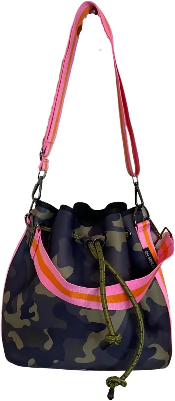 Dallas Hill Designs Crossbody Bucket Purse for Women | Neoprene Handbag | Drawstring Hobo Shoulder Bag | Plus Extra Pouch
