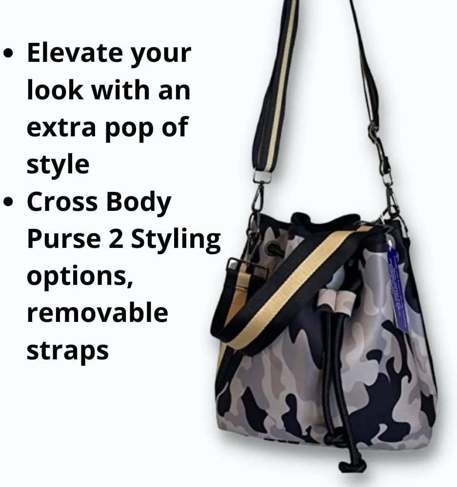 Dallas Hill Designs Crossbody Bucket Purse for Women | Neoprene Handbag | Drawstring Hobo Shoulder Bag | Plus Extra Pouch