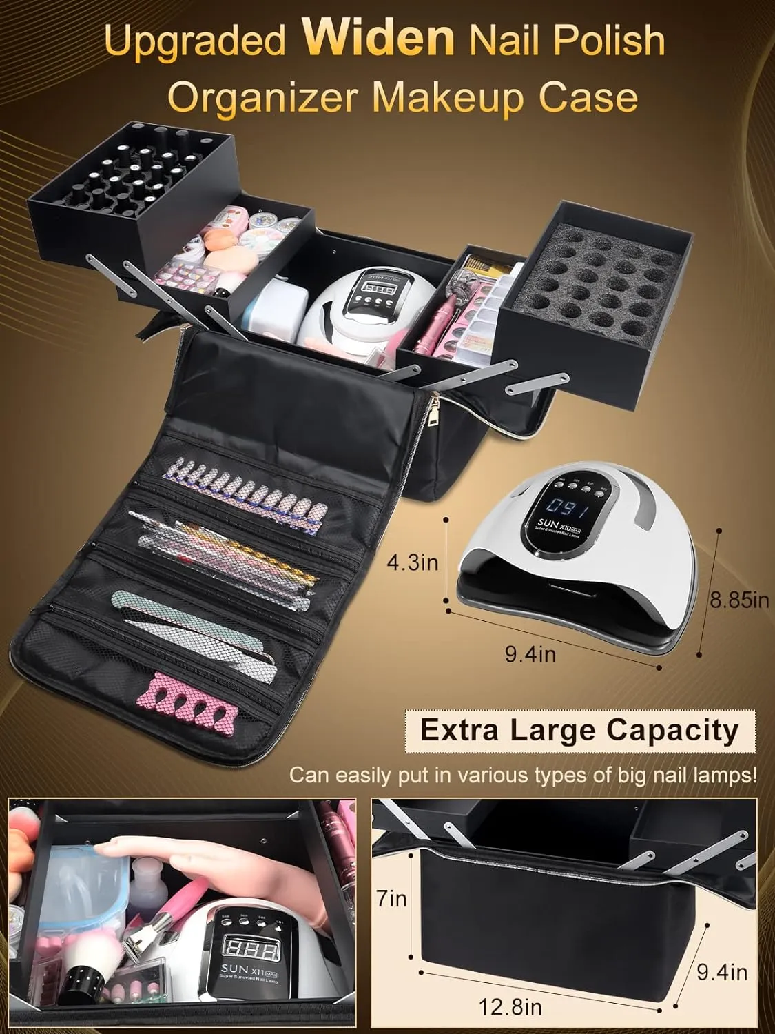 Deciniee Large Makeup Travel Train Case, Upgraded Plus Size Nail Supply Organizers and Storage for Nail Tech, Black 4 Tier Cosmetic Train Case Makeup Box, Nail Polish Makeup Organizer and Storage Bag