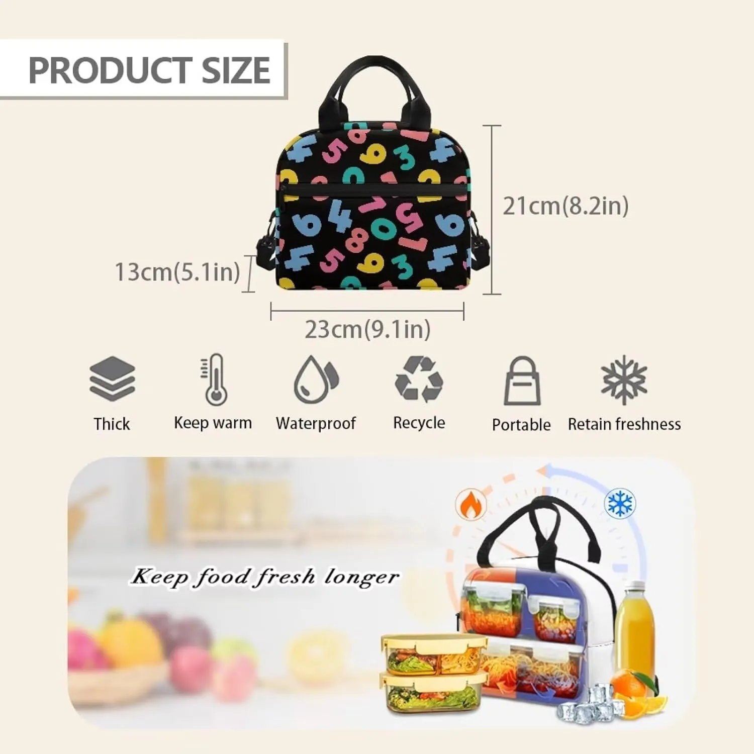 Digital Kids Bento Lunch Box Colour Lunch Box for Girls Primary School Lunchbox Preschool Lunch Tote Bag Kids Insulated Lunch Bag Children Cute Lunch Handbag with Adjustable Strap