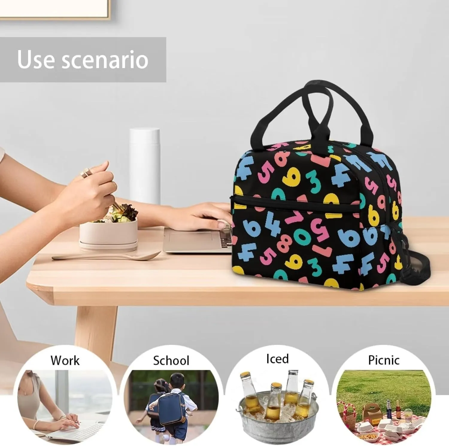 Digital Kids Bento Lunch Box Colour Lunch Box for Girls Primary School Lunchbox Preschool Lunch Tote Bag Kids Insulated Lunch Bag Children Cute Lunch Handbag with Adjustable Strap
