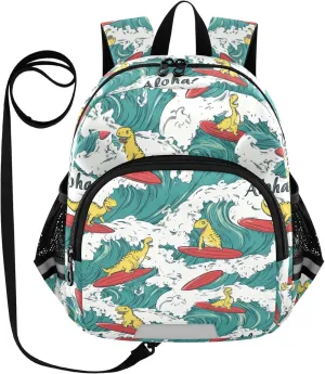 Dinosaurs Preschool Backpack Surfboard Red Daycare Bookbag School Backpack with Traction Rope for Kids 3-6