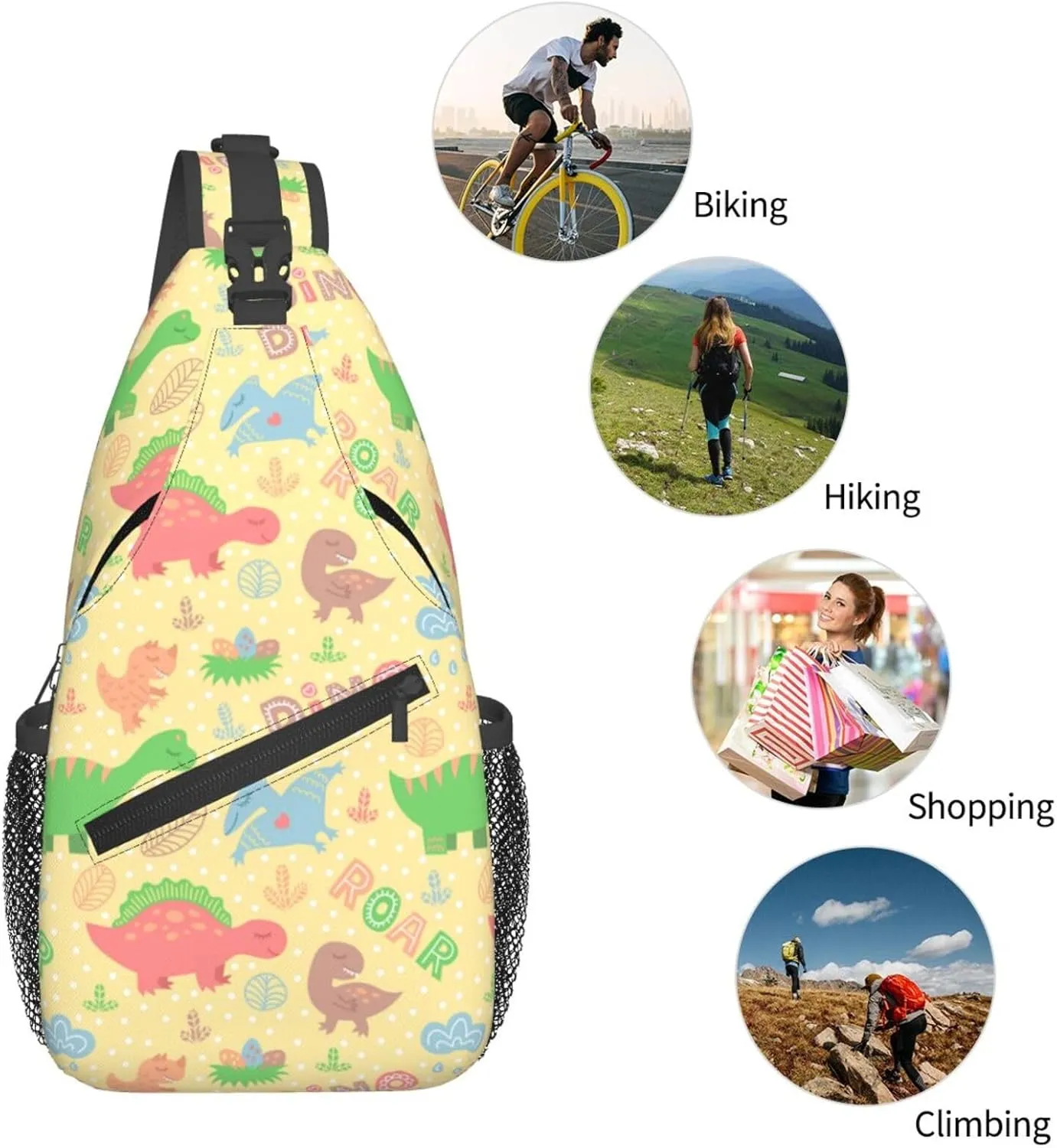 Dinosaurs Roar White Polka Chest Sling Bag Crossbody Shoulder Backpack Bag Gym Cycling Travel Hiking Daypack Cross Bag
