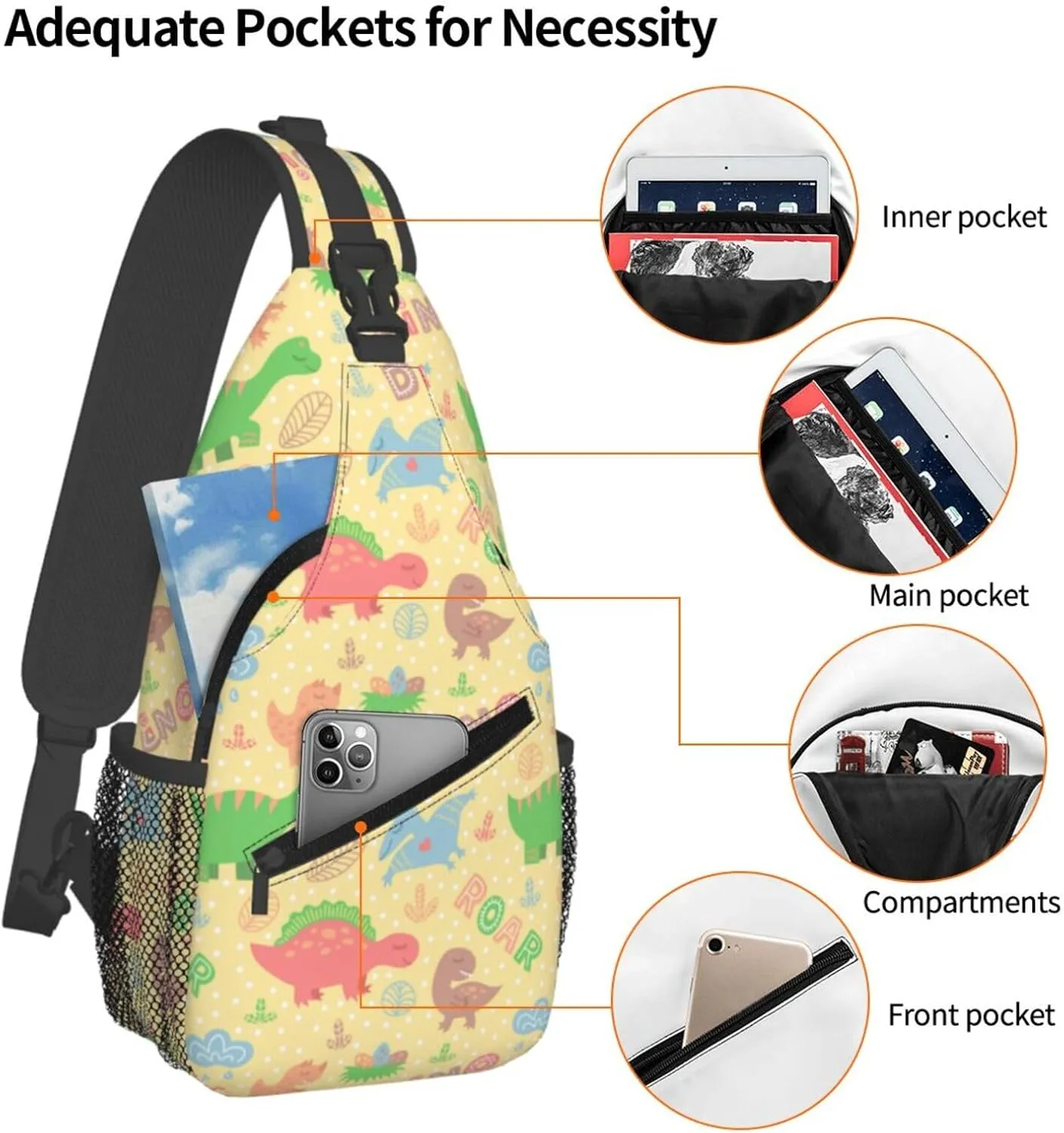 Dinosaurs Roar White Polka Chest Sling Bag Crossbody Shoulder Backpack Bag Gym Cycling Travel Hiking Daypack Cross Bag