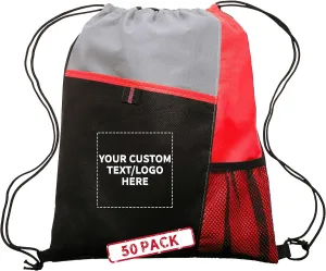DISCOUNT PROMOS 50 Mesh Pocket Drawstring Backpacks Set - Customizable Text, Logo - Durable, Multicolor, Black Straps - Red