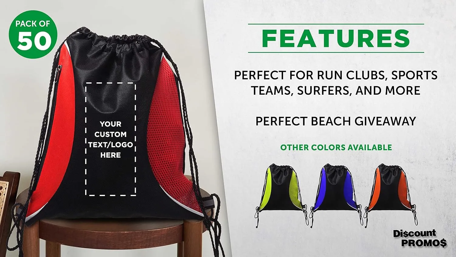 DISCOUNT PROMOS 50 Zipper Side Drawstring Backpacks Set - Customizable Text, Logo - Two tone, Minimalist, Black Ink - Red