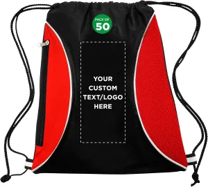DISCOUNT PROMOS 50 Zipper Side Drawstring Backpacks Set - Customizable Text, Logo - Two tone, Minimalist, Black Ink - Red