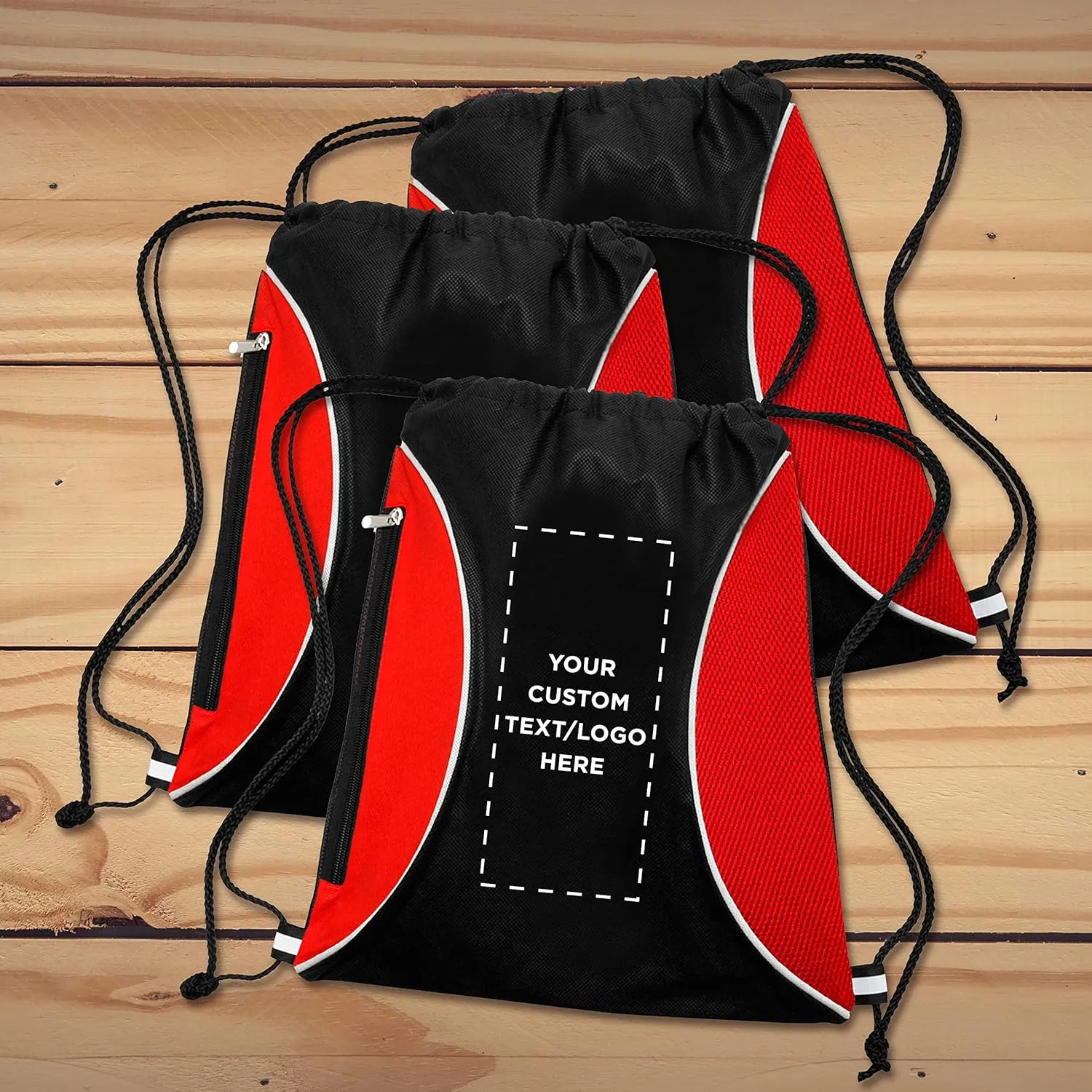 DISCOUNT PROMOS 50 Zipper Side Drawstring Backpacks Set - Customizable Text, Logo - Two tone, Minimalist, Black Ink - Red