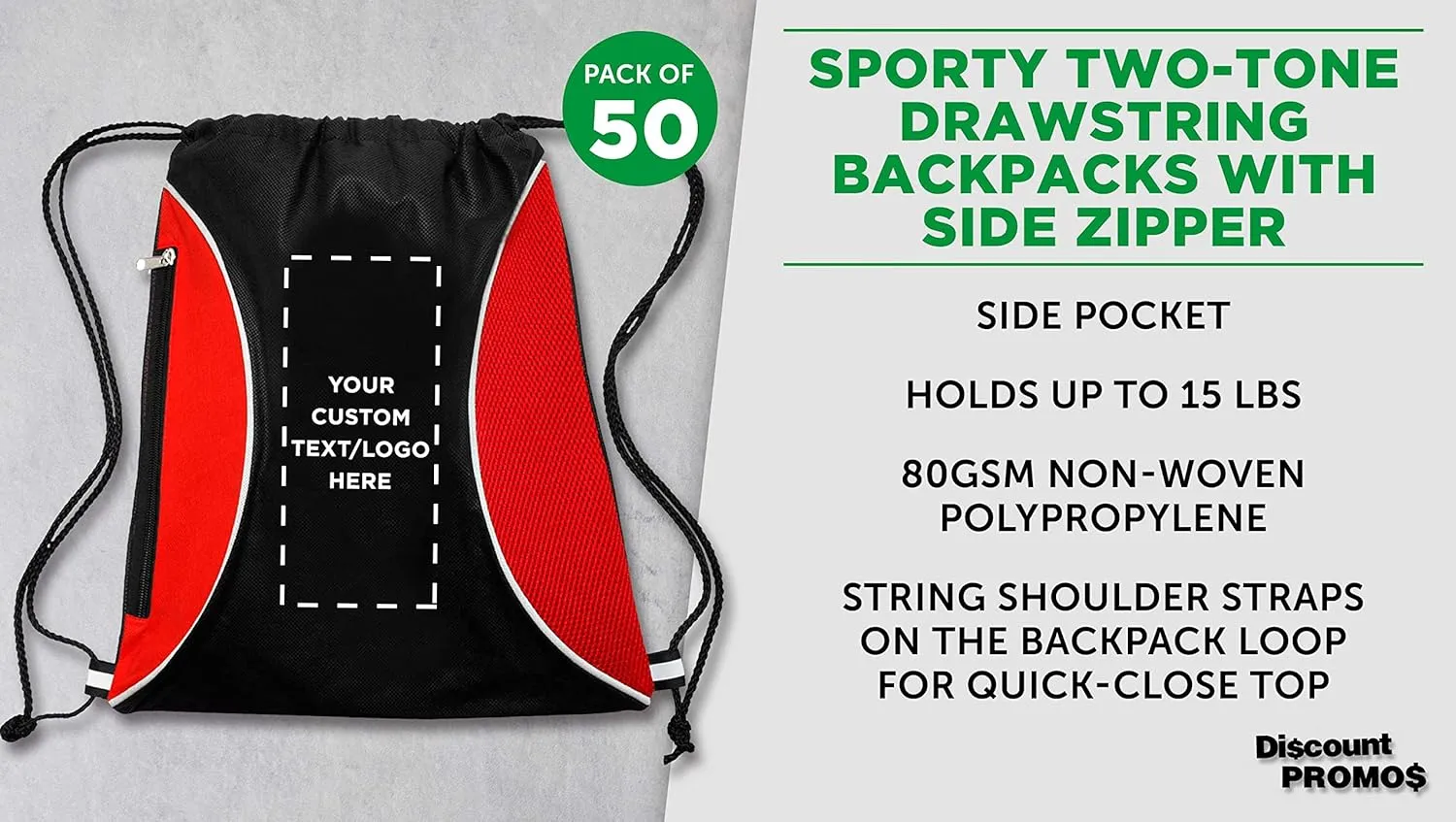 DISCOUNT PROMOS 50 Zipper Side Drawstring Backpacks Set - Customizable Text, Logo - Two tone, Minimalist, Black Ink - Red