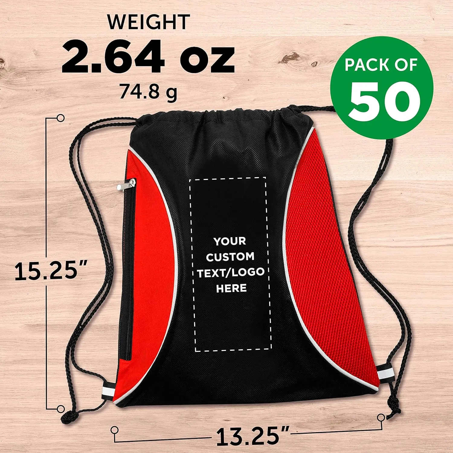 DISCOUNT PROMOS 50 Zipper Side Drawstring Backpacks Set - Customizable Text, Logo - Two tone, Minimalist, Black Ink - Red