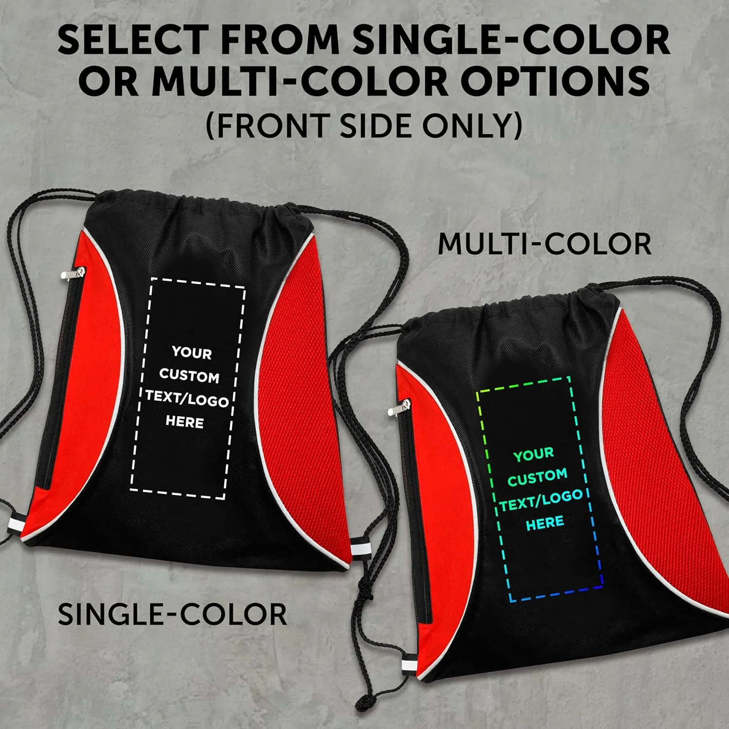 DISCOUNT PROMOS 50 Zipper Side Drawstring Backpacks Set - Customizable Text, Logo - Two tone, Minimalist, Black Ink - Red