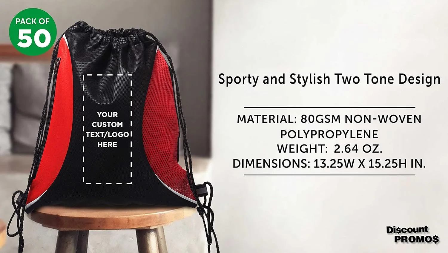 DISCOUNT PROMOS 50 Zipper Side Drawstring Backpacks Set - Customizable Text, Logo - Two tone, Minimalist, Black Ink - Red