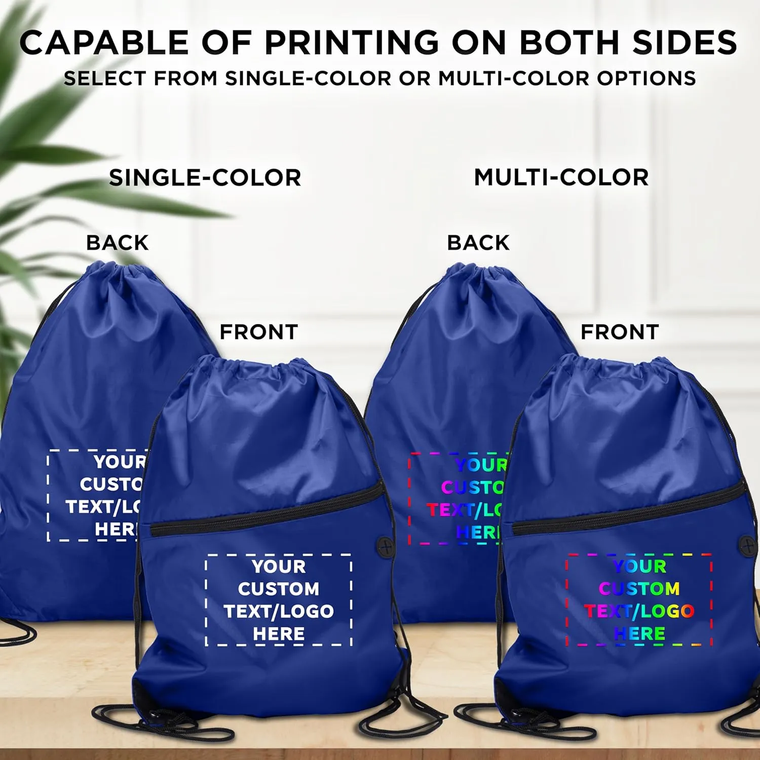 DISCOUNT PROMOS Custom Drawstring BackPacks with Pocket Set of 10, Personalized Bulk Pack - Water Resistant, Perfect for Gym, Camping, Beach, Outdoor Sports - Blue