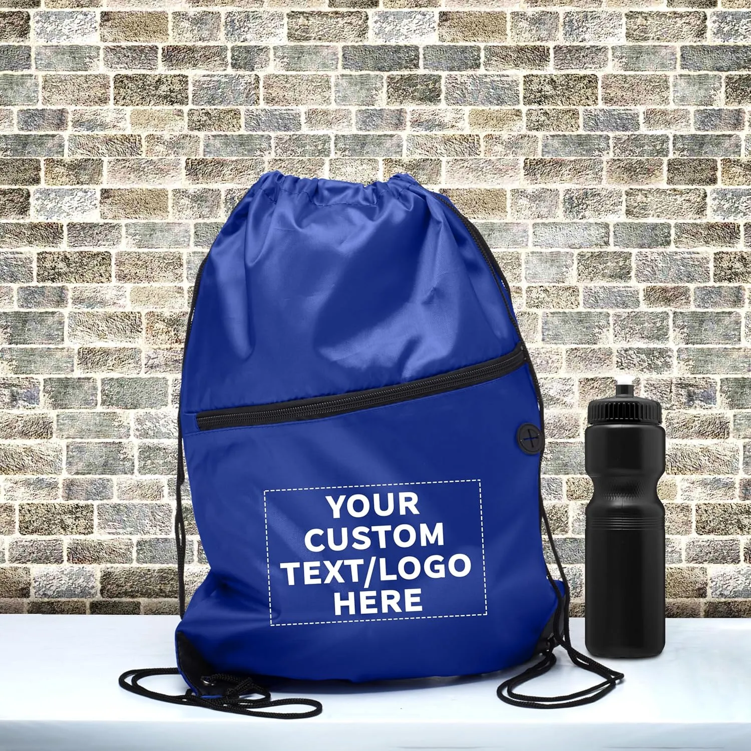 DISCOUNT PROMOS Custom Drawstring BackPacks with Pocket Set of 10, Personalized Bulk Pack - Water Resistant, Perfect for Gym, Camping, Beach, Outdoor Sports - Blue