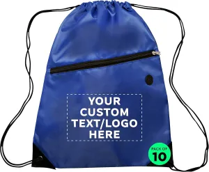 DISCOUNT PROMOS Custom Drawstring BackPacks with Pocket Set of 10, Personalized Bulk Pack - Water Resistant, Perfect for Gym, Camping, Beach, Outdoor Sports - Blue