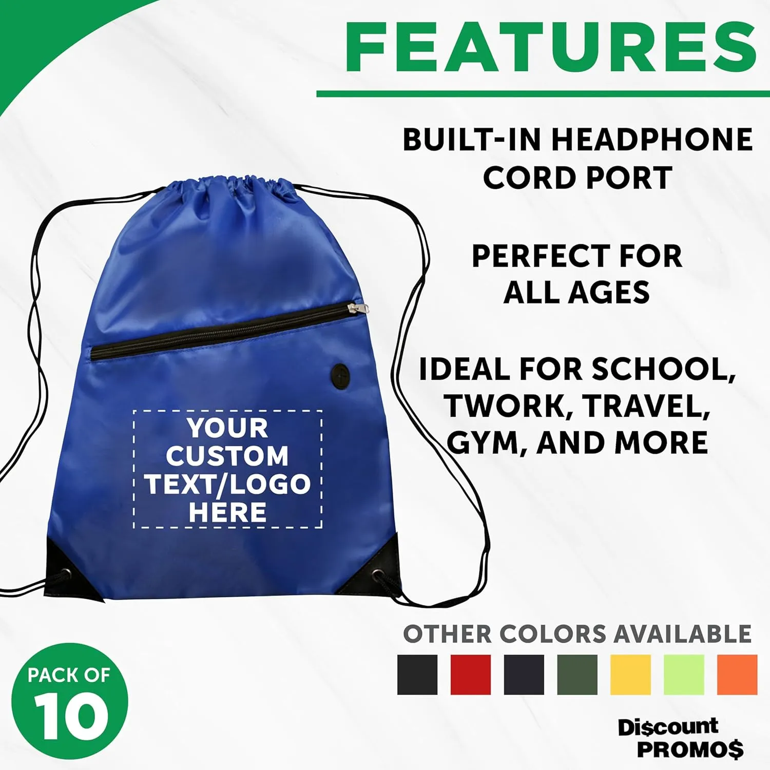 DISCOUNT PROMOS Custom Drawstring BackPacks with Pocket Set of 10, Personalized Bulk Pack - Water Resistant, Perfect for Gym, Camping, Beach, Outdoor Sports - Blue