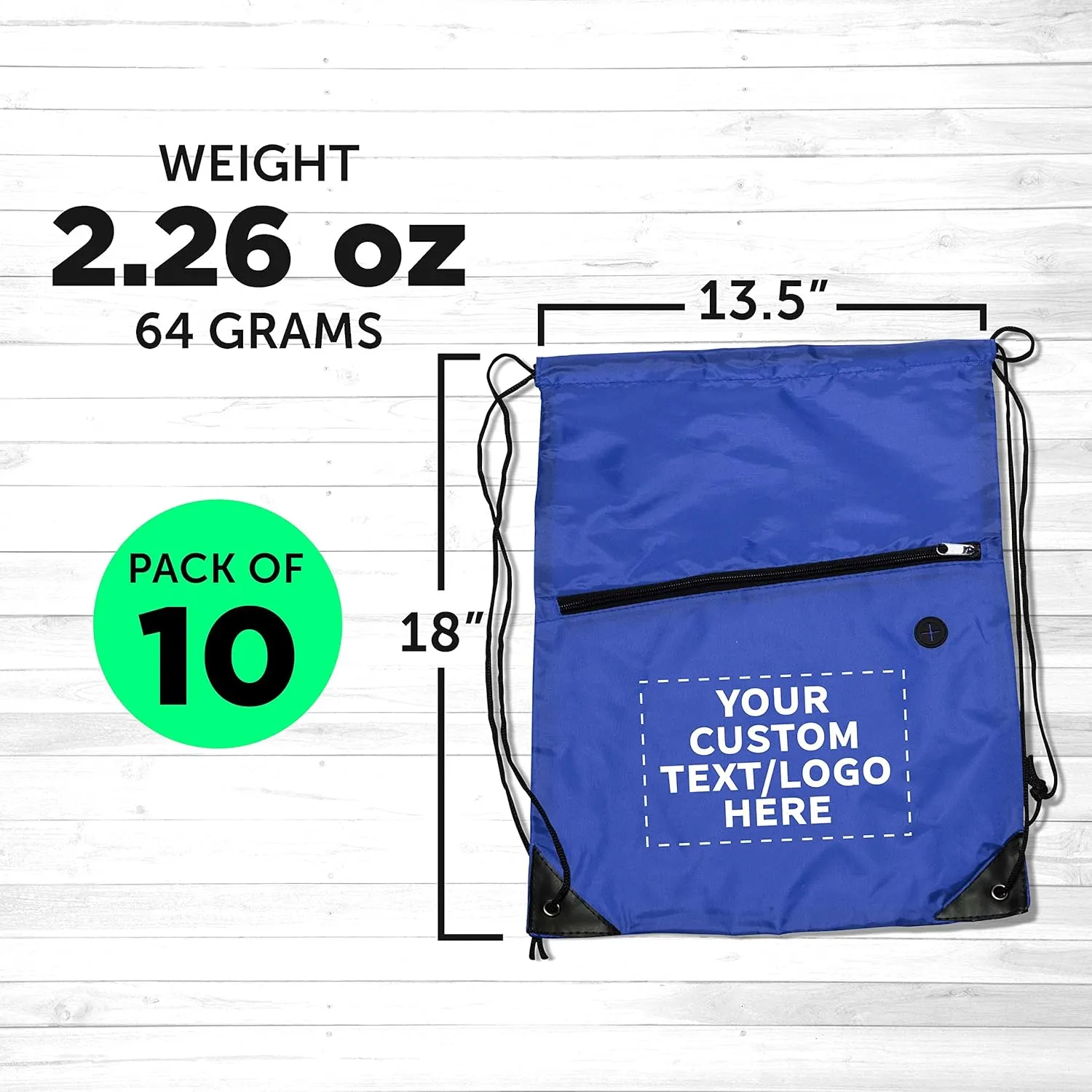 DISCOUNT PROMOS Custom Drawstring BackPacks with Pocket Set of 10, Personalized Bulk Pack - Water Resistant, Perfect for Gym, Camping, Beach, Outdoor Sports - Blue