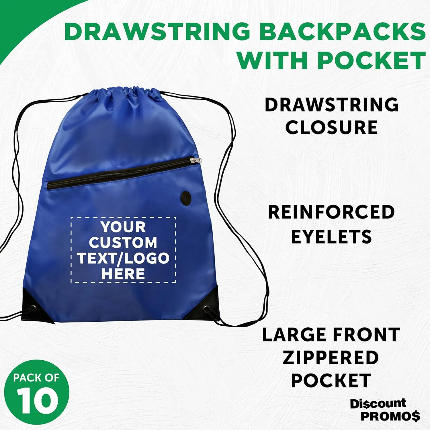 DISCOUNT PROMOS Custom Drawstring BackPacks with Pocket Set of 10, Personalized Bulk Pack - Water Resistant, Perfect for Gym, Camping, Beach, Outdoor Sports - Blue