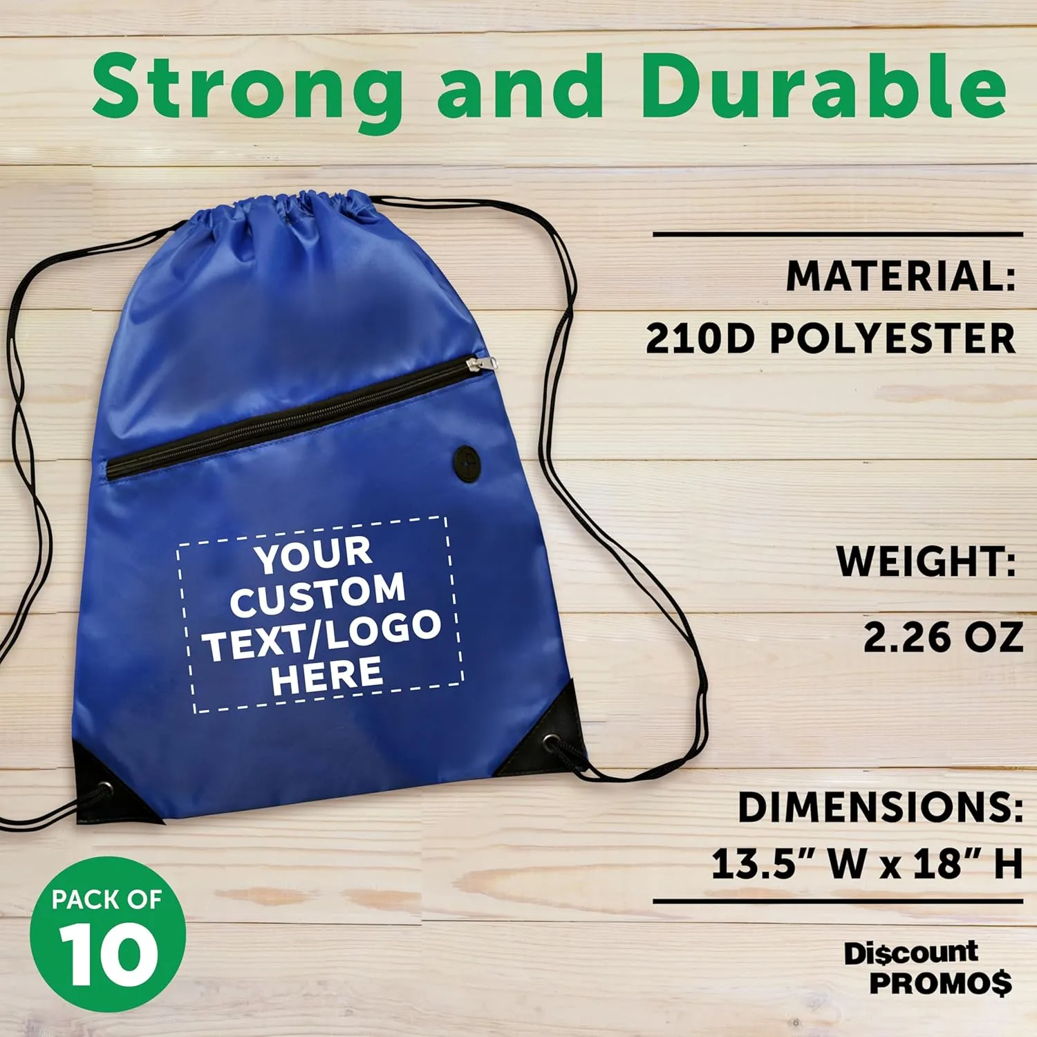 DISCOUNT PROMOS Custom Drawstring BackPacks with Pocket Set of 10, Personalized Bulk Pack - Water Resistant, Perfect for Gym, Camping, Beach, Outdoor Sports - Blue