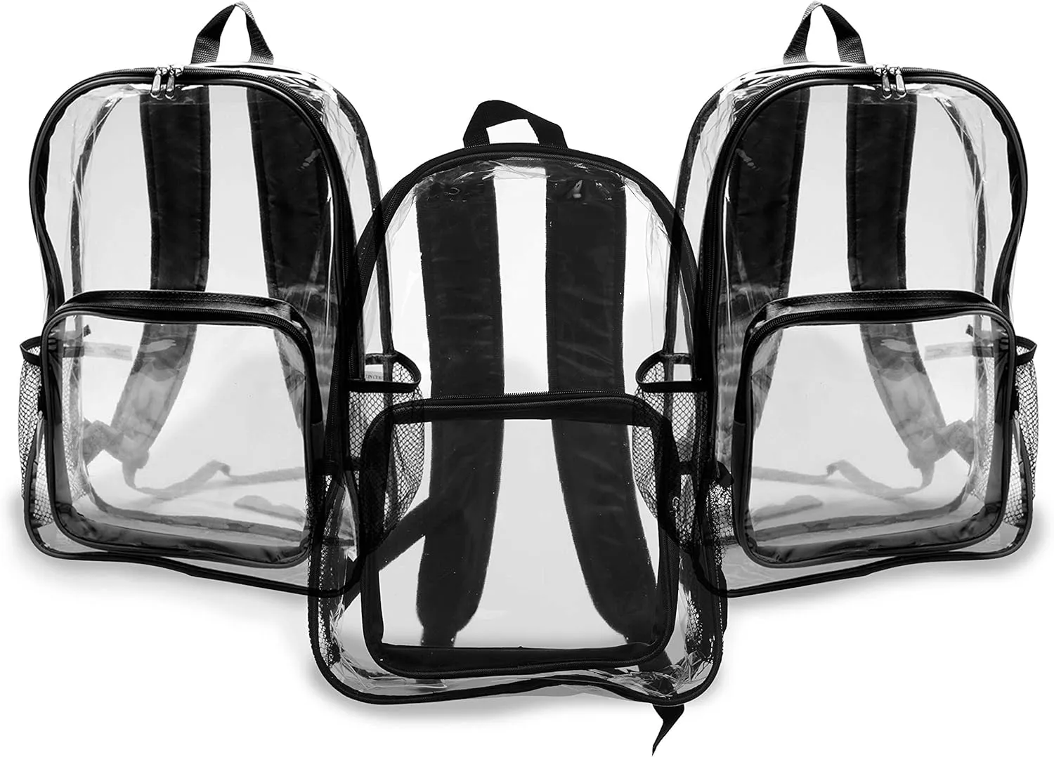 DISCOUNT PROMOS Heavy Duty Clear Plastic Backpacks Set of 6, Bulk Pack - PVC, Water Resistant, Great for Travel - Clear/Black