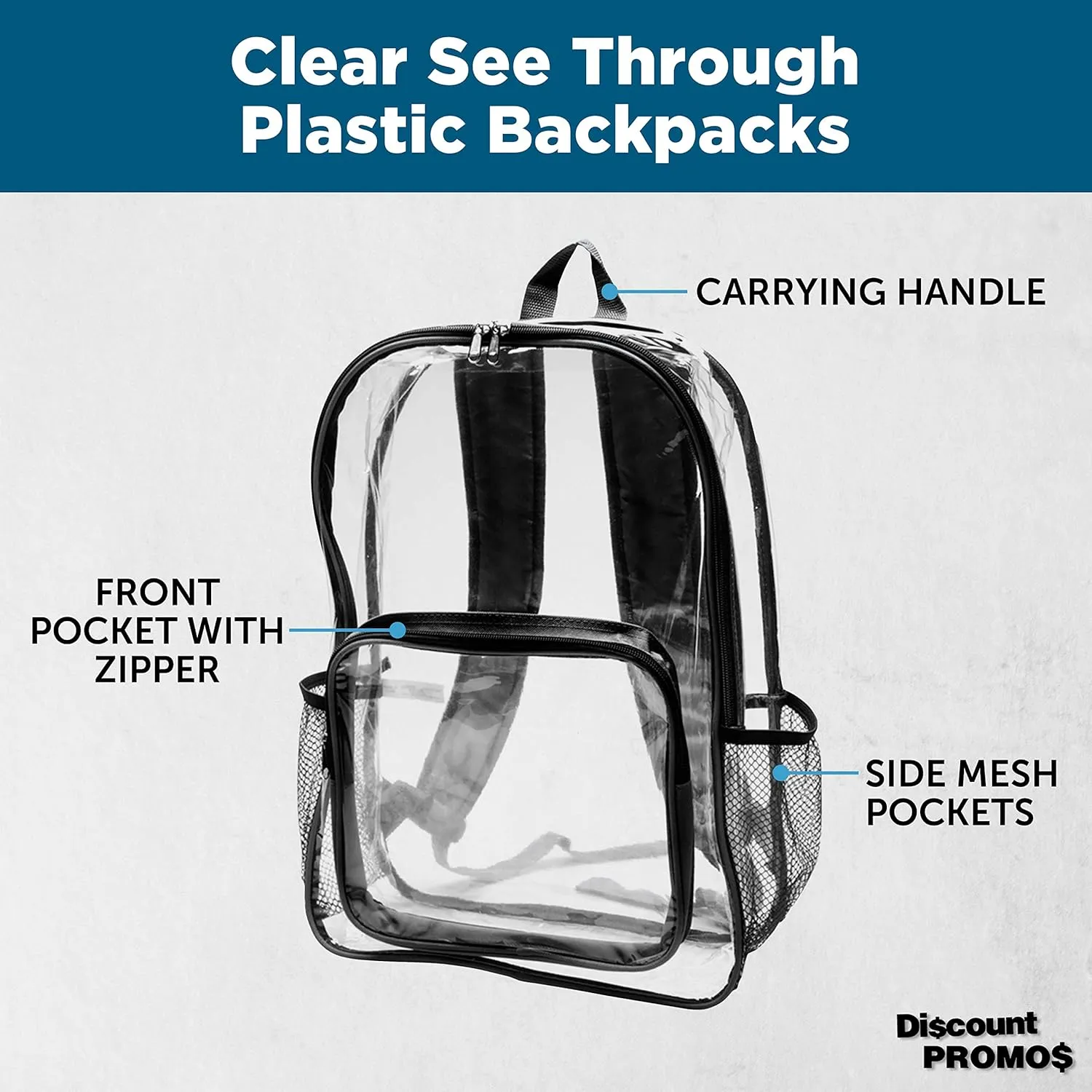DISCOUNT PROMOS Heavy Duty Clear Plastic Backpacks Set of 6, Bulk Pack - PVC, Water Resistant, Great for Travel - Clear/Black