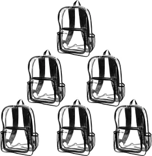 DISCOUNT PROMOS Heavy Duty Clear Plastic Backpacks Set of 6, Bulk Pack - PVC, Water Resistant, Great for Travel - Clear/Black