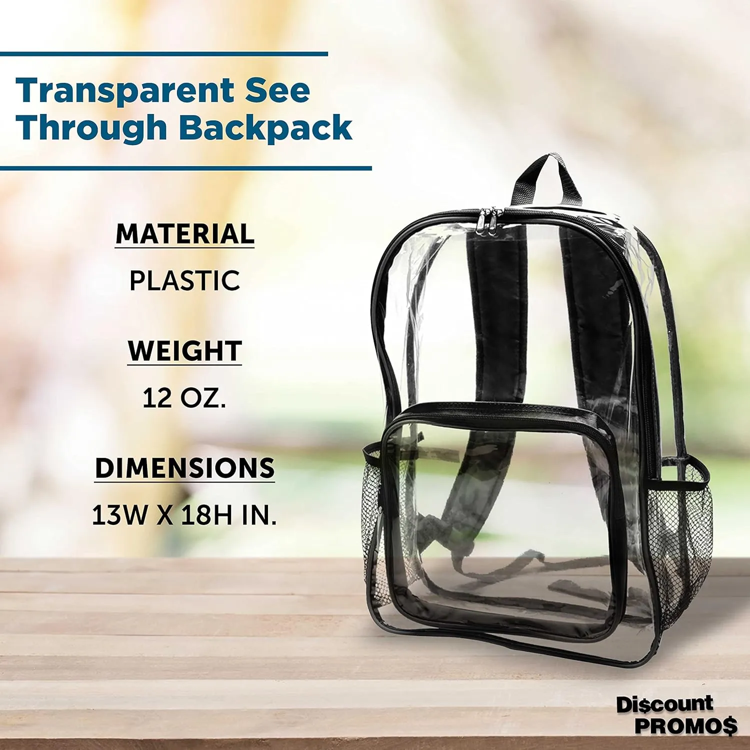 DISCOUNT PROMOS Heavy Duty Clear Plastic Backpacks Set of 6, Bulk Pack - PVC, Water Resistant, Great for Travel - Clear/Black
