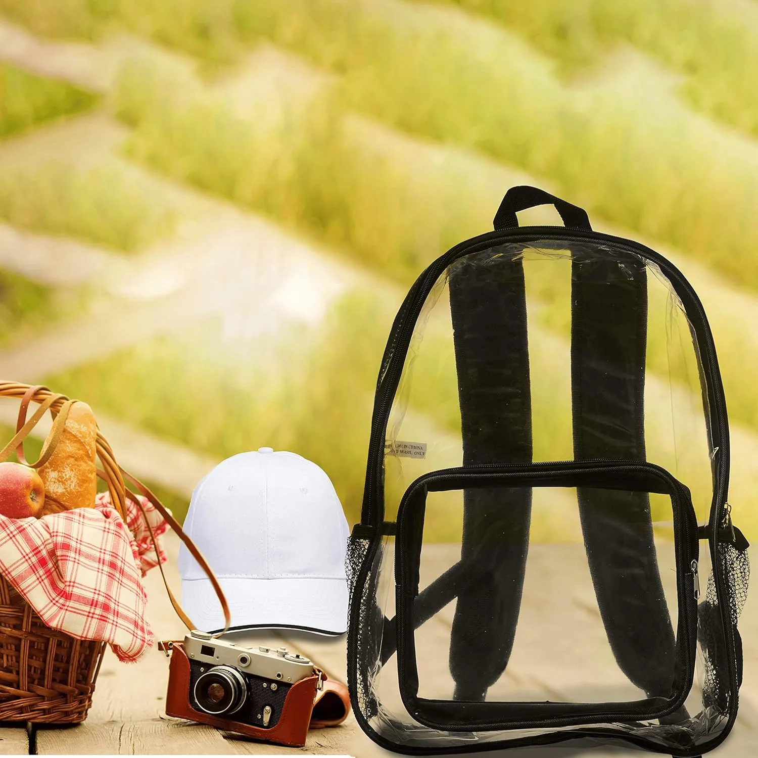 DISCOUNT PROMOS Heavy Duty Clear Plastic Backpacks Set of 6, Bulk Pack - PVC, Water Resistant, Great for Travel - Clear/Black