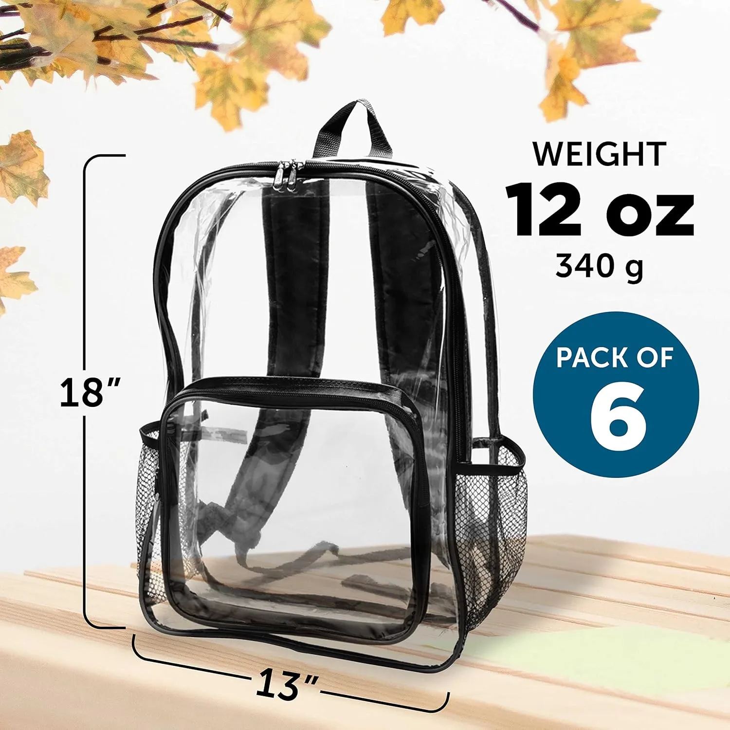 DISCOUNT PROMOS Heavy Duty Clear Plastic Backpacks Set of 6, Bulk Pack - PVC, Water Resistant, Great for Travel - Clear/Black