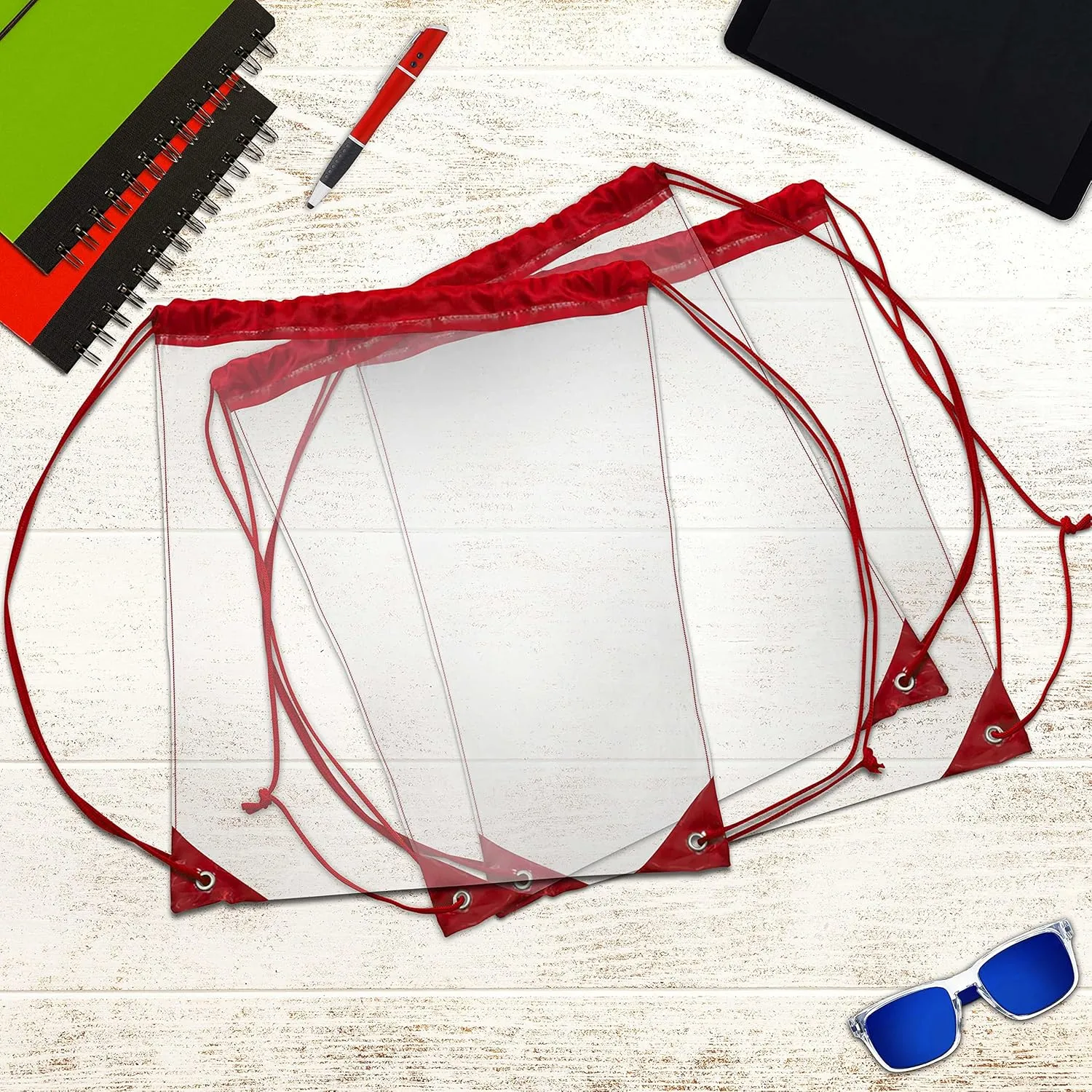 DISCOUNT PROMOS Plastic Drawstring Backpacks Set of 10, Bulk Pack - Multi-Functional, Drawstring, Perfect for Travel, Gym, and More - Red