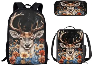 doginthehole Girls Backpacks with Lunch Box Pencil Case 3pcs Set Aesthetic Floral Elk Printed 17inch Schoolbag for Teen Girls Lightweight Bookbag for Middle High School Students