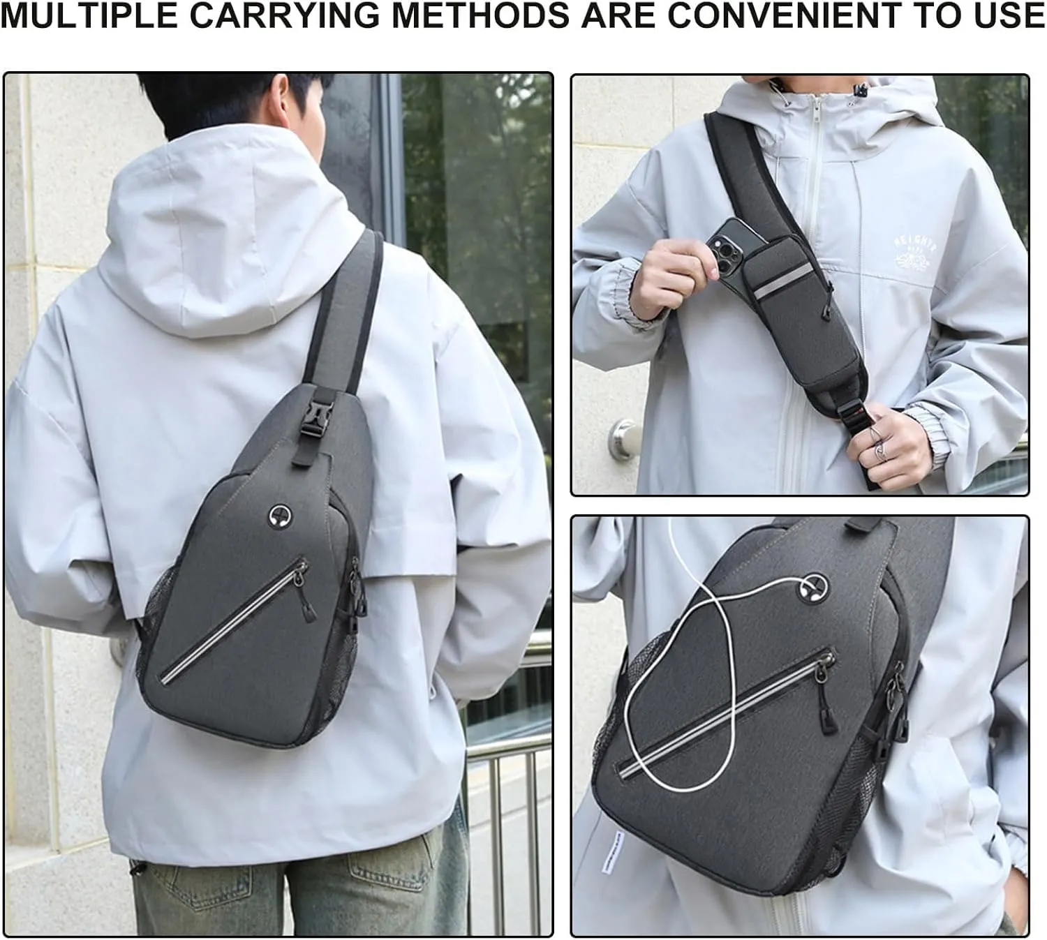 DOJUNS Crossbody Bags Sling Backpack, Sling Bag Cross body Shoulder Bag for Men and Women Chest Bag Travel Hiking Daypack (Light Grey)
