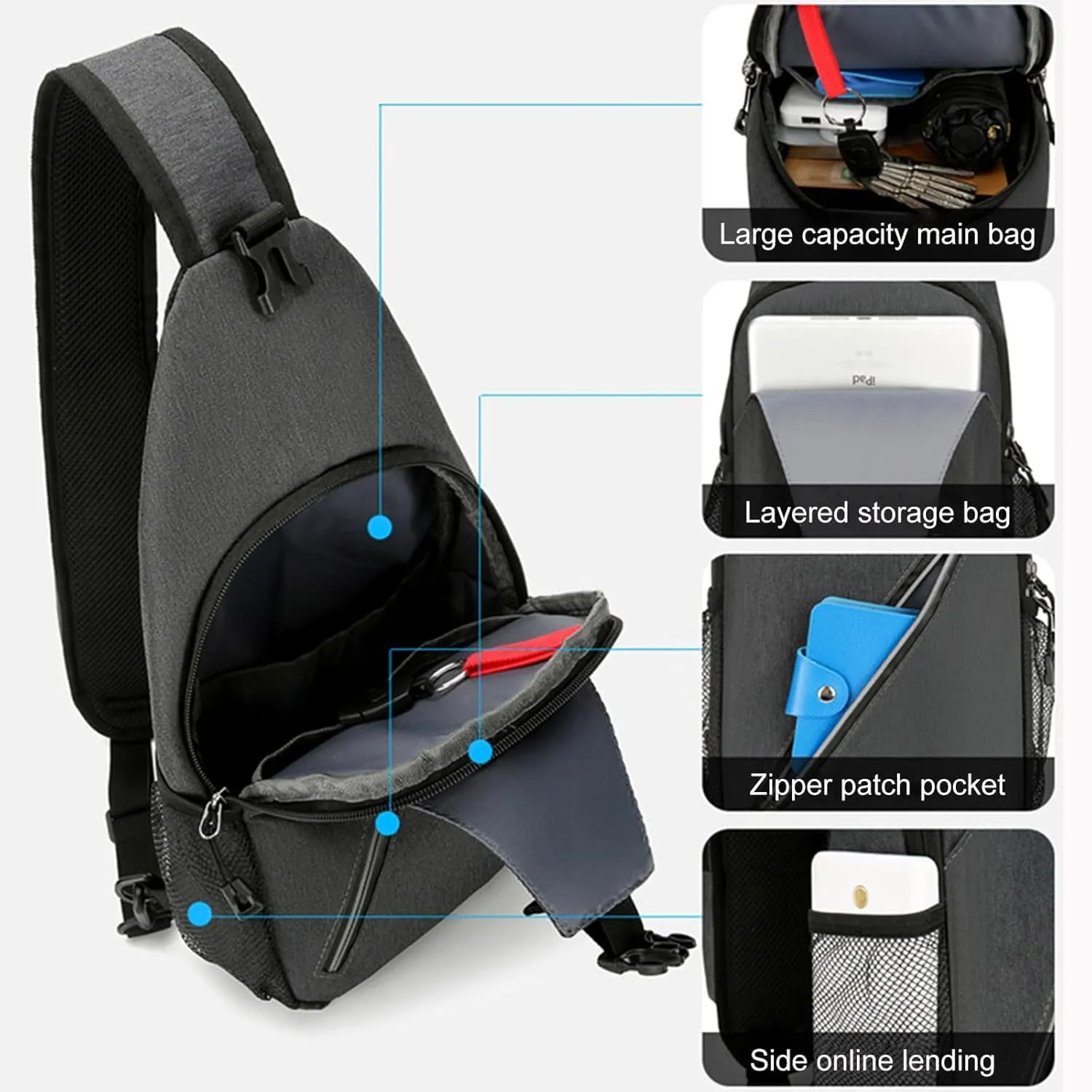 DOJUNS Crossbody Bags Sling Backpack, Sling Bag Cross body Shoulder Bag for Men and Women Chest Bag Travel Hiking Daypack (Light Grey)