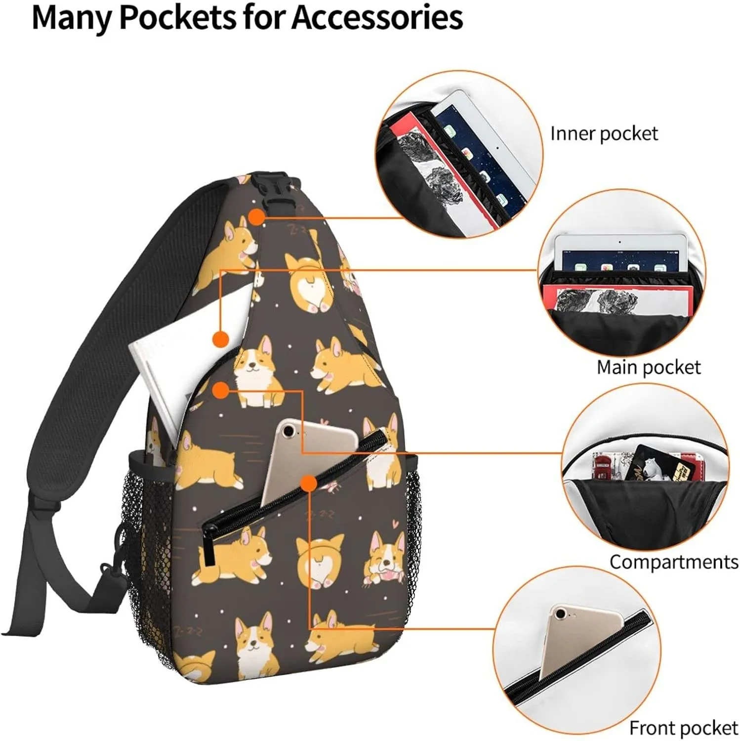 Dujiea Crossbody Backpack For Men Women Sling Bag, Kawaii Corgi Cute Dog Chest Bag Shoulder Bag Lightweight One Strap Backpack Multipurpose Travel Hiking Daypack