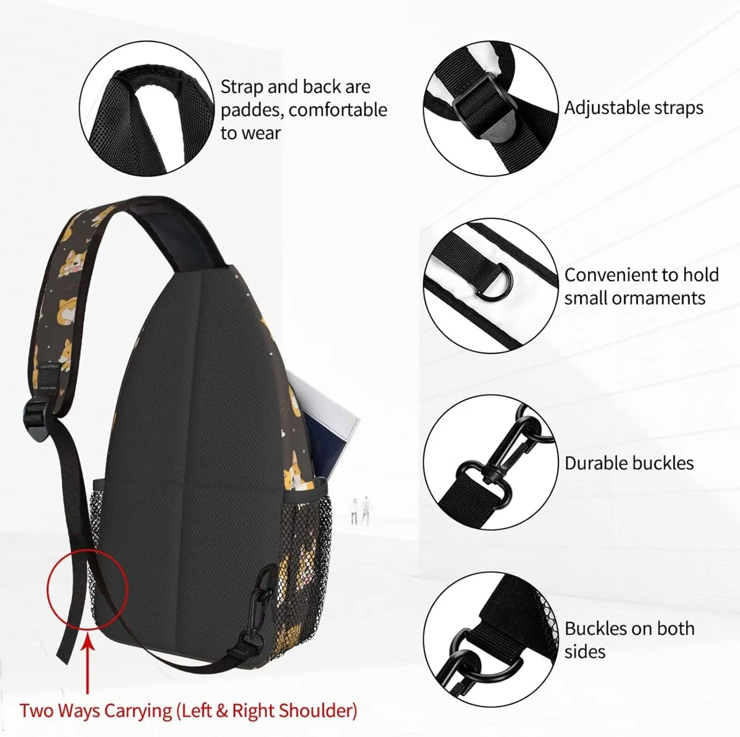 Dujiea Crossbody Backpack For Men Women Sling Bag, Kawaii Corgi Cute Dog Chest Bag Shoulder Bag Lightweight One Strap Backpack Multipurpose Travel Hiking Daypack