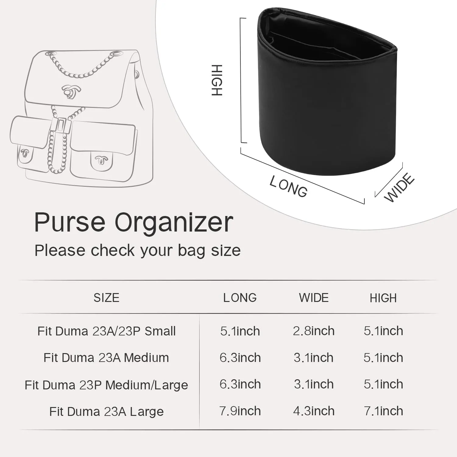 Duma Bag Insert, Organizer Insert Compatible with Chanel Duma backpacks, Silk Bag Organizer for Duma 23A/23P Small, Lightweight and Soft Touch (Small, Black)