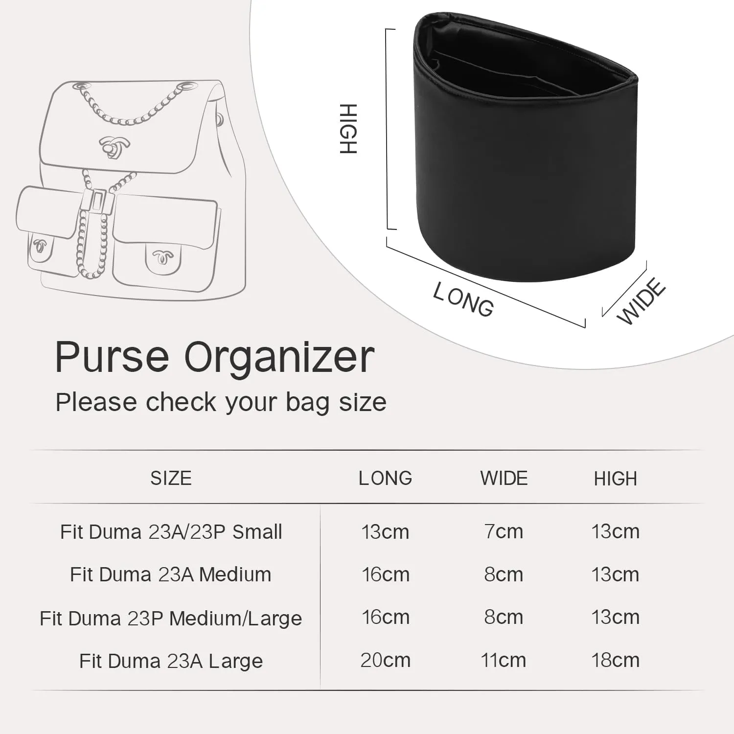 Duma Bag Insert, Organizer Insert Compatible with Chanel Duma backpacks, Silk Bag Organizer for Duma 23A/23P Small, Lightweight and Soft Touch (Small, Black)