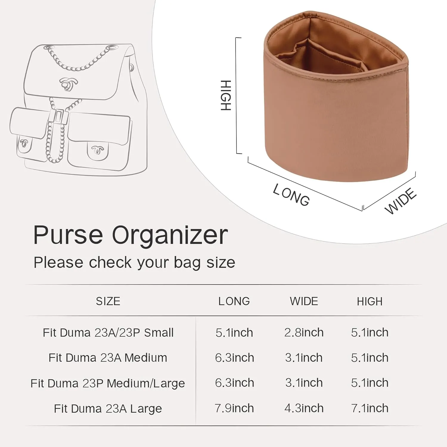 Duma Bag Insert, Organizer Insert Compatible with Chanel Duma Backpacks, Silk Bag Organizer for Duma 23A/23P Small, Lightweight and Soft Touch (Small, Gold)