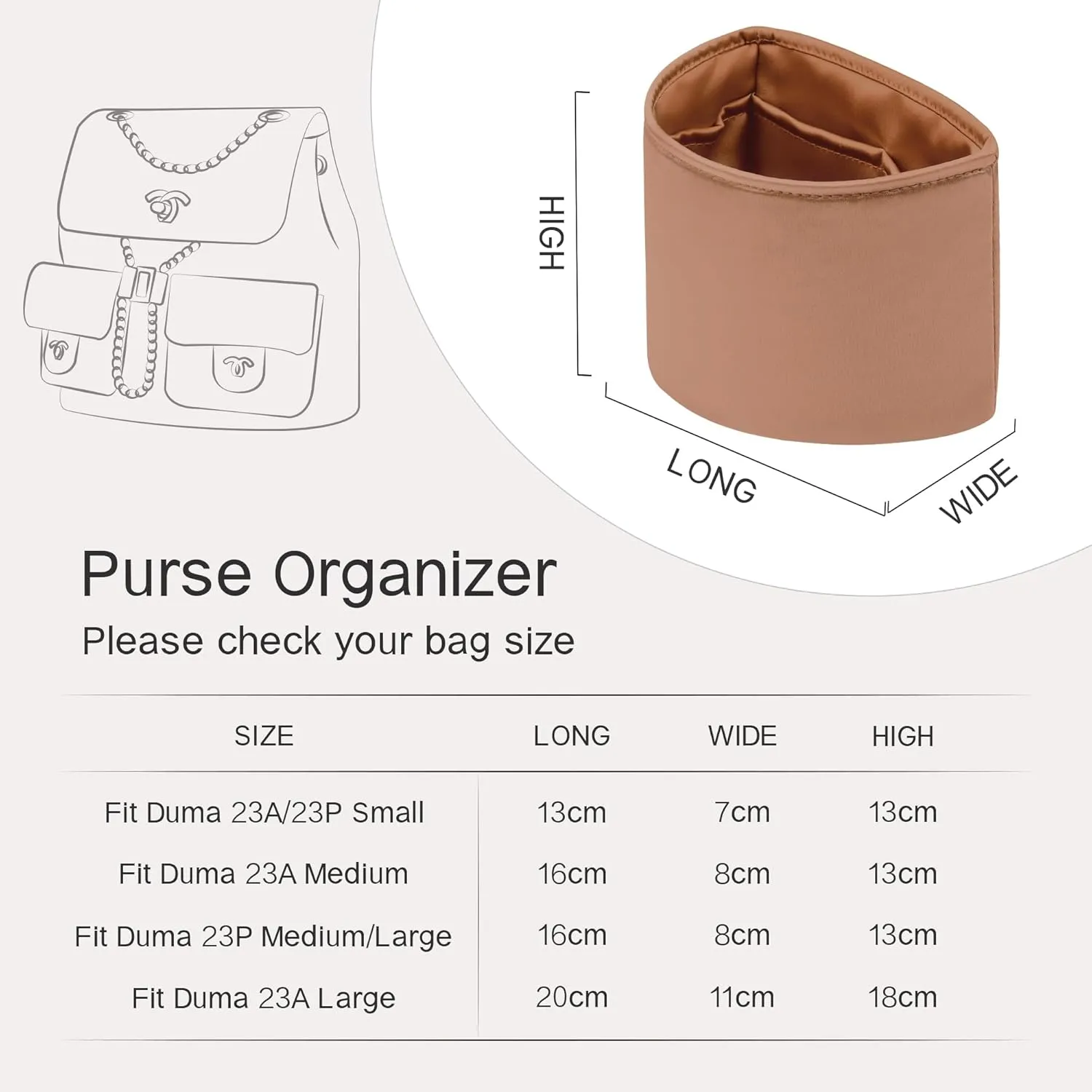 Duma Bag Insert, Organizer Insert Compatible with Chanel Duma Backpacks, Silk Bag Organizer for Duma 23A/23P Small, Lightweight and Soft Touch (Small, Gold)
