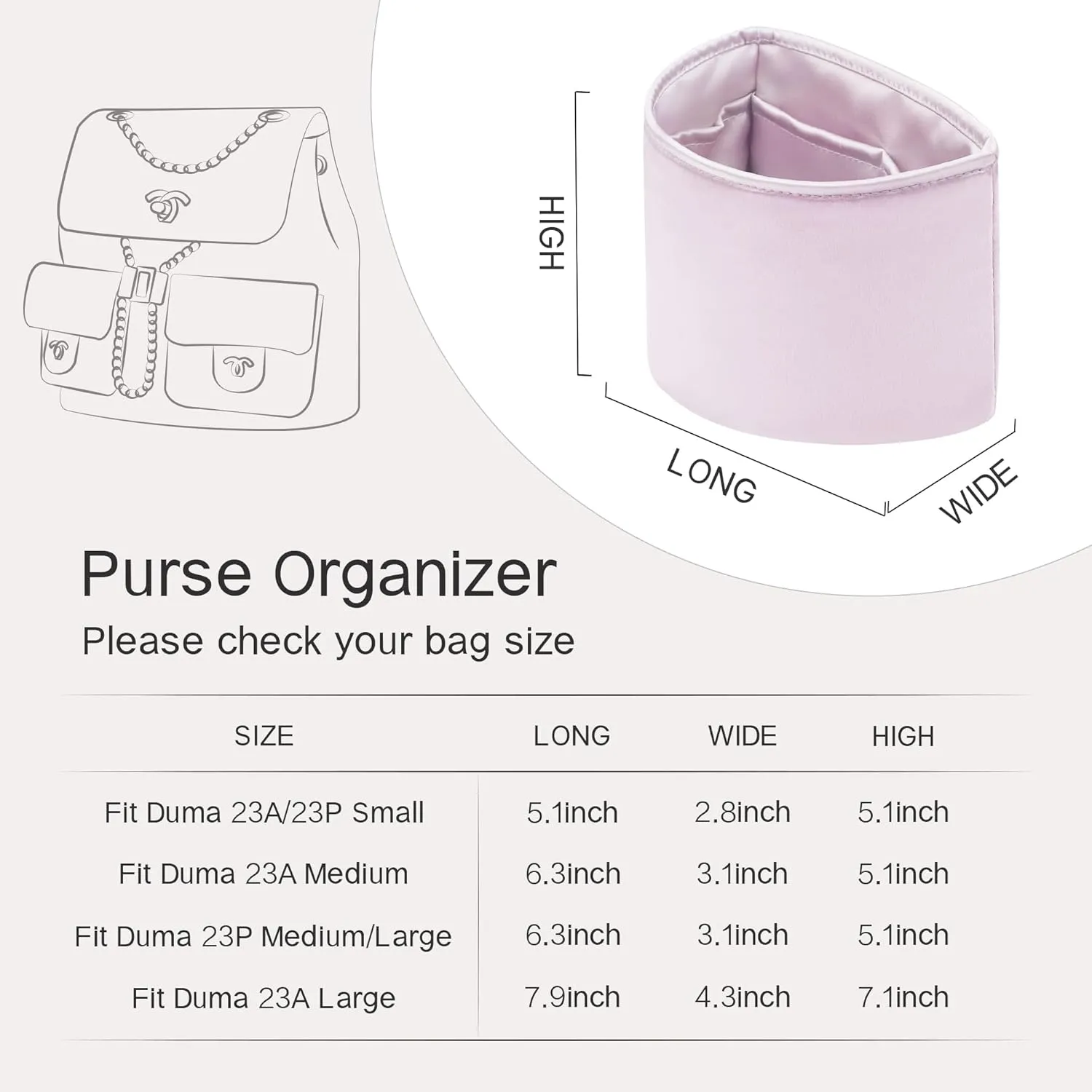 Duma Bag Insert, Organizer Insert Compatible with Chanel Duma Backpacks, Silk Bag Organizer for Duma 23A/23P Small, Lightweight and Soft Touch (Small, Lavender)