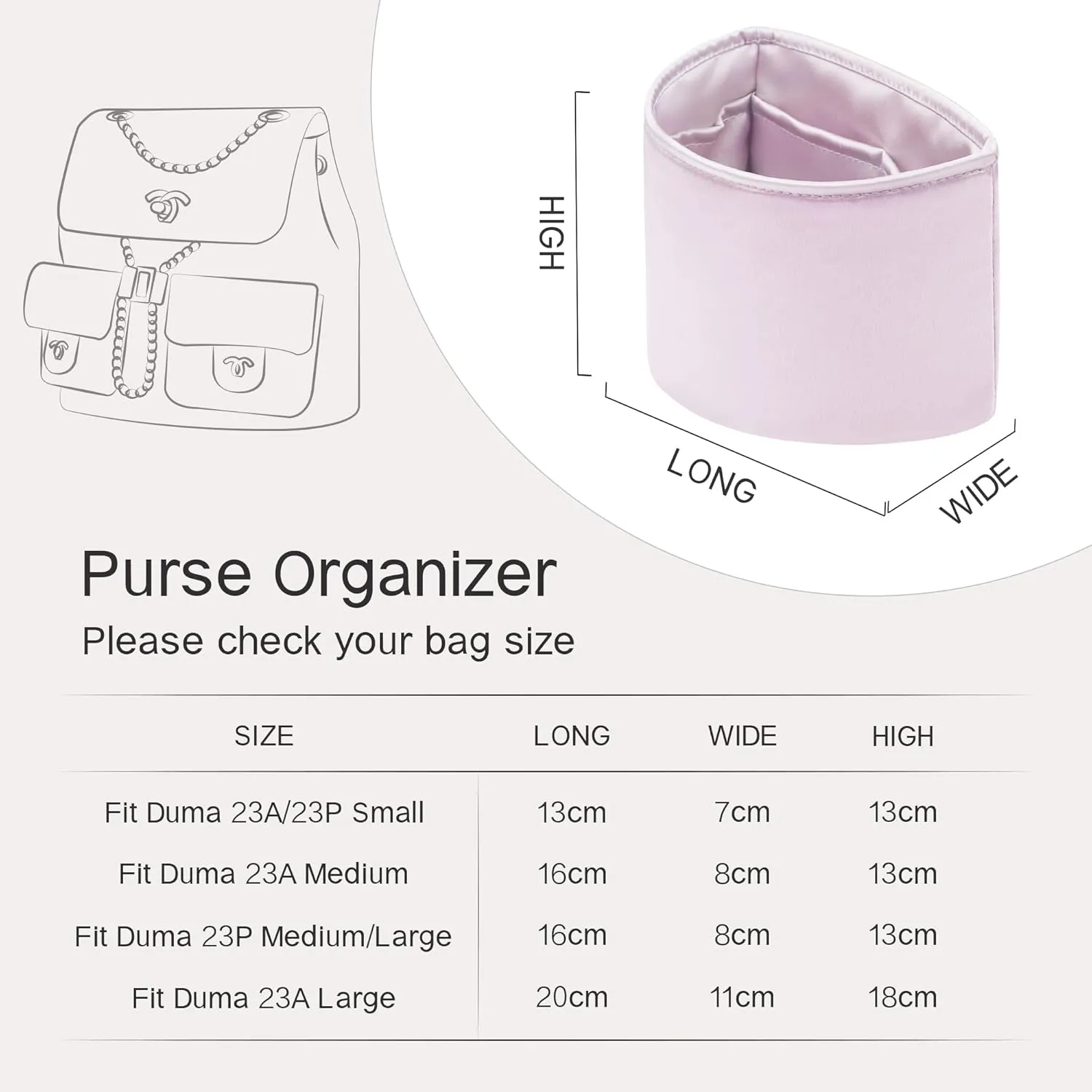 Duma Bag Insert, Organizer Insert Compatible with Chanel Duma Backpacks, Silk Bag Organizer for Duma 23A/23P Small, Lightweight and Soft Touch (Small, Lavender)