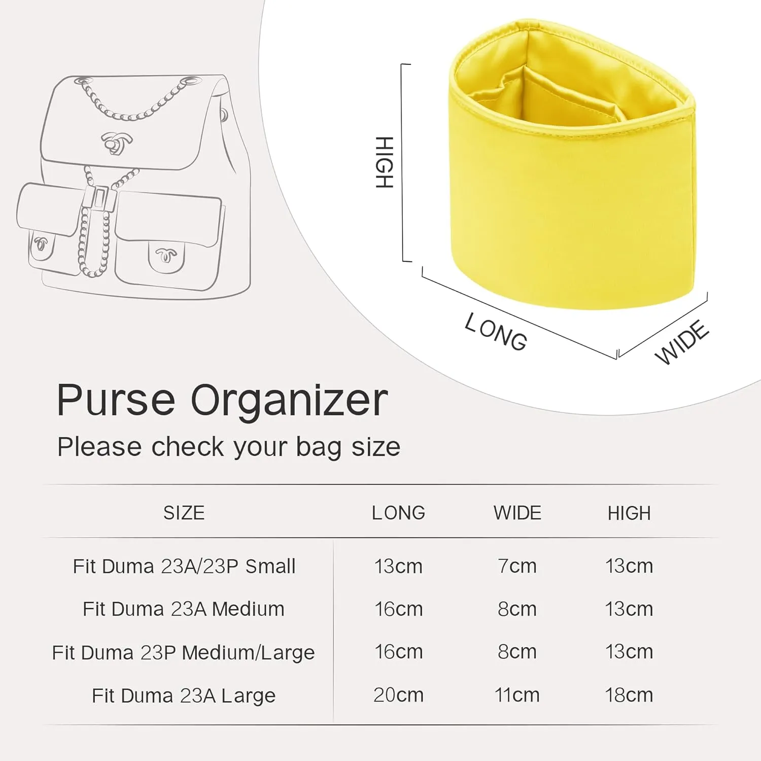 Duma Bag Insert, Organizer Insert Compatible with Chanel Duma Backpacks, Silk Bag Organizer for Duma 23A/23P Small, Lightweight and Soft Touch (Small, Lime)