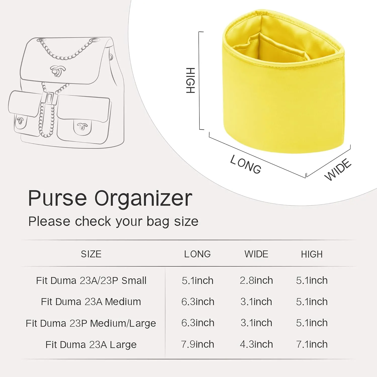 Duma Bag Insert, Organizer Insert Compatible with Chanel Duma Backpacks, Silk Bag Organizer for Duma 23A/23P Small, Lightweight and Soft Touch (Small, Lime)