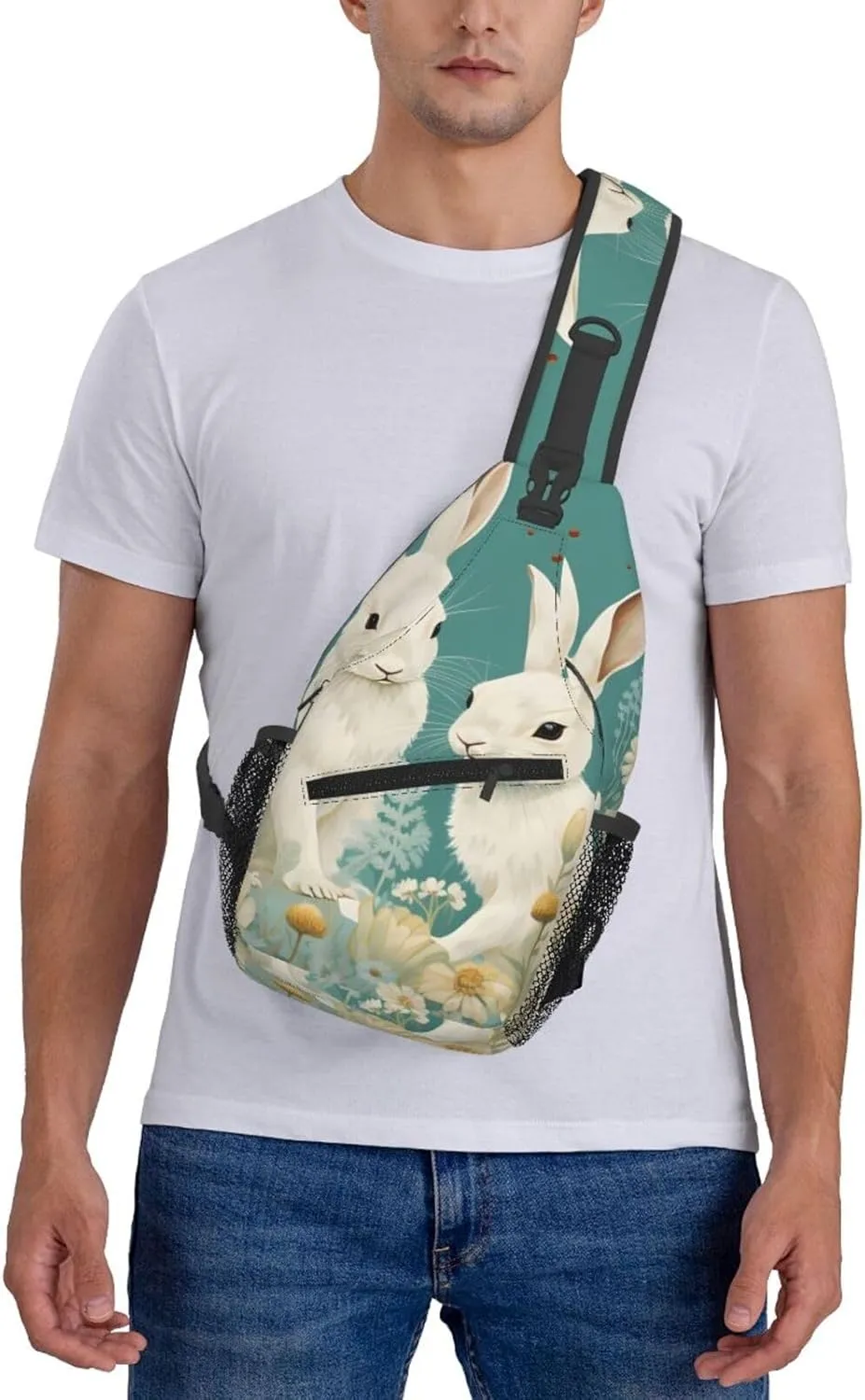 Easter Rabbit Daisy Sling Bag Crossbody Bag for Men Women, Daypack Chest Backpack Shoulder Bag for Travle Hiking
