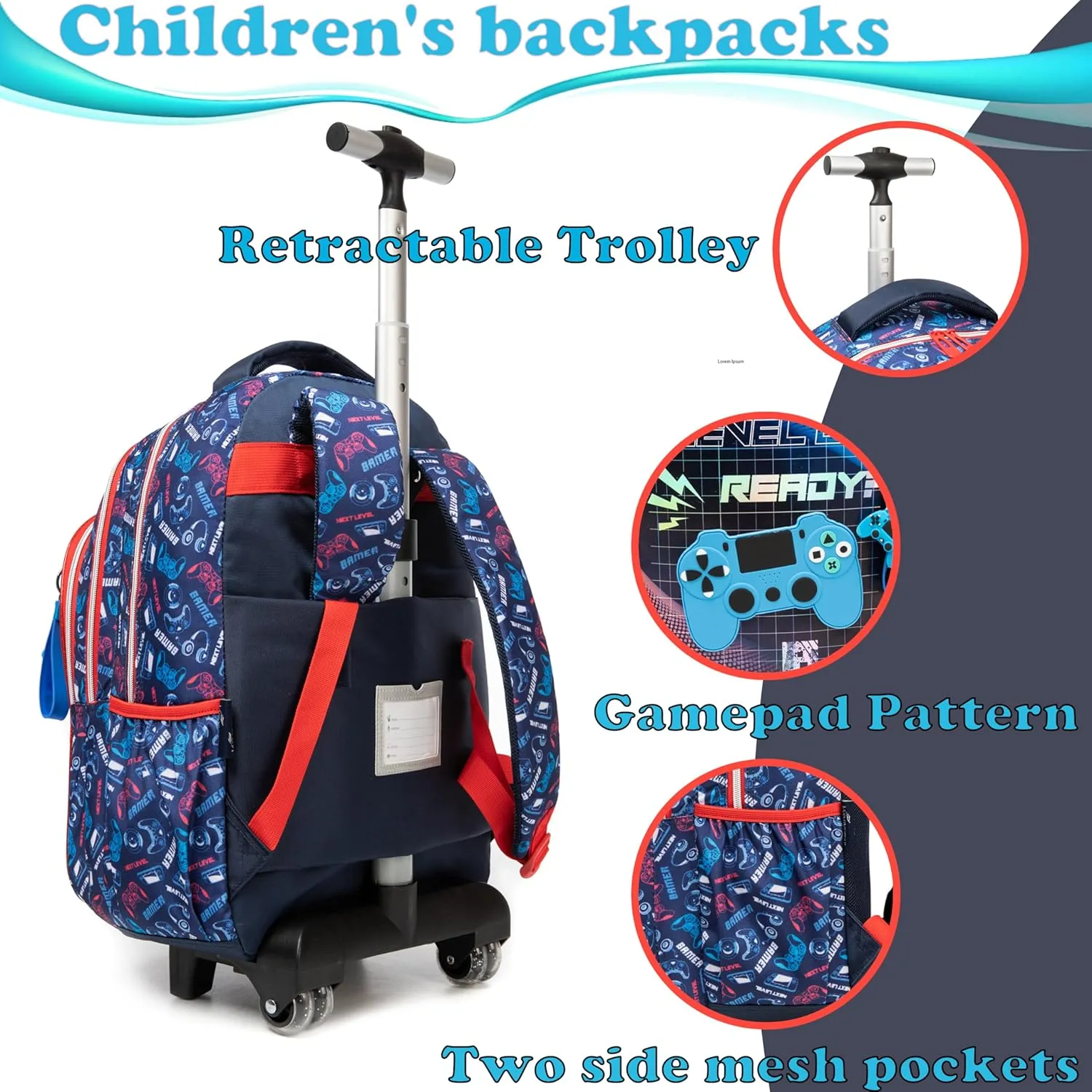 Egchescebo Kids Gamepad Rolling Backpack for Boys Suitcases Trolley Backpacks with Wheels Roller Luggage Backpacks on Wheels with Lunch Box Pencil Case for Elementary Boy Travel Soccer school Bag Blue